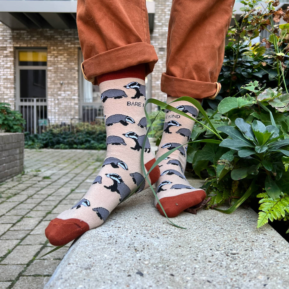 Barekind Save The Badgers bamboo socks featuring badger print, beige and rust colors, and eco-friendly bamboo material.