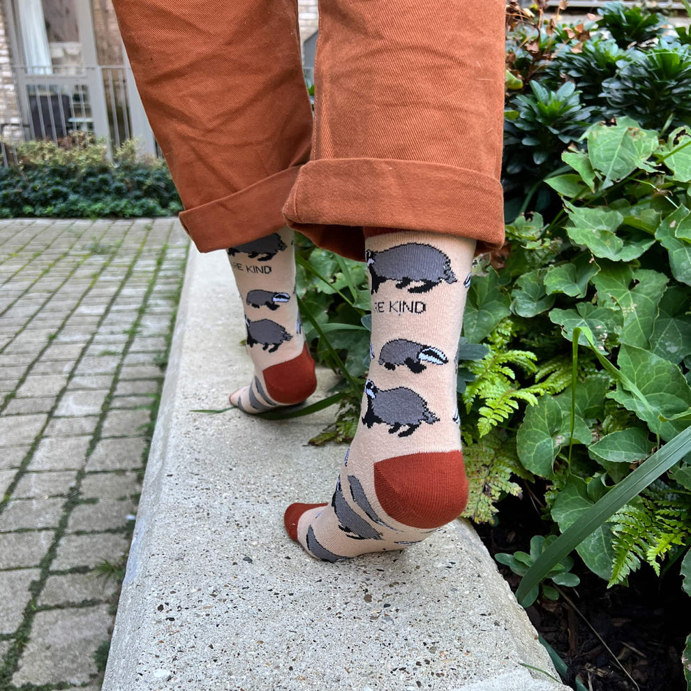 Barekind Save The Badgers bamboo socks featuring badger illustrations and the phrase 