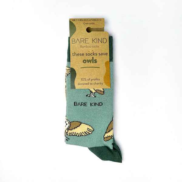 Barekind Save The Barn Owls bamboo socks with owl design and "Bare Kind" logo, eco-friendly socks donating 10% profits to charity.