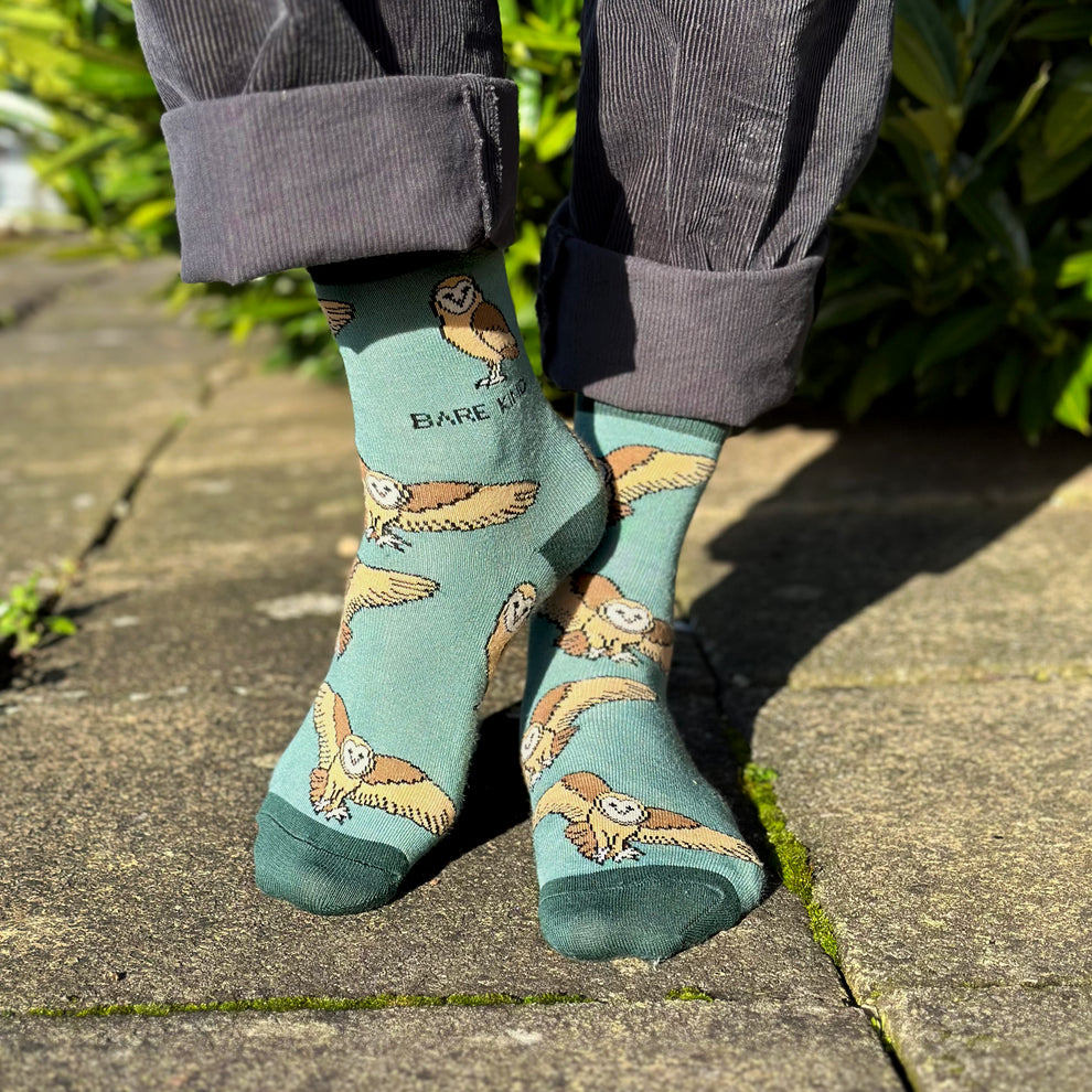 Barekind Save The Barn Owls bamboo socks featuring owl illustrations on light teal background, eco-friendly, casual style.