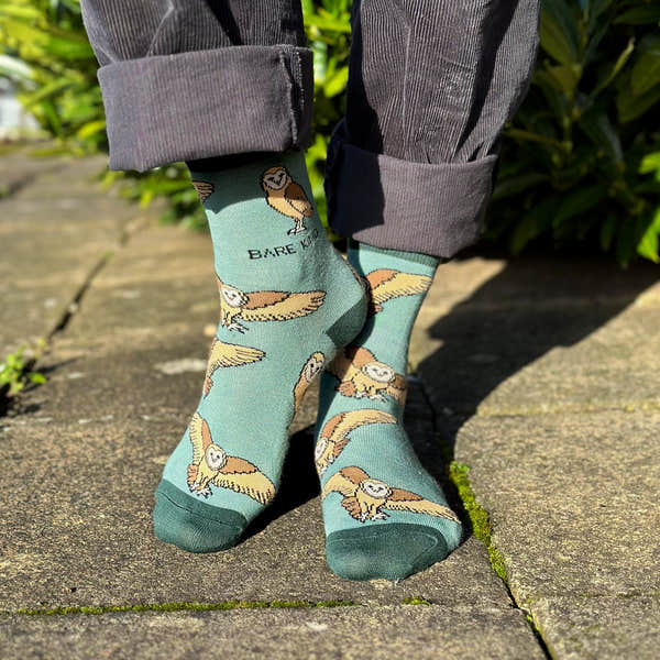 Barekind Save The Barn Owls bamboo socks featuring owl illustrations on light teal background, eco-friendly, casual style.