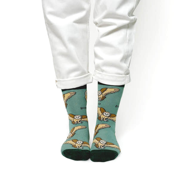 Barekind Save The Barn Owls bamboo socks featuring owl design, teal background, and black toe and heel. Sustainable, eco-friendly footwear.