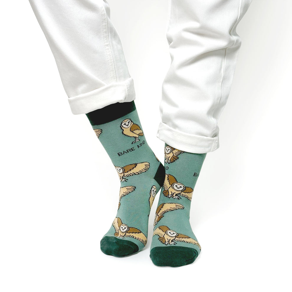 Barekind Save The Barn Owls bamboo socks with owl and barn owl print, green and beige colors, eco-friendly sustainable footwear.