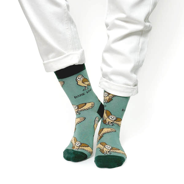 Barekind Save The Barn Owls bamboo socks with owl and barn owl print, green and beige colors, eco-friendly sustainable footwear.