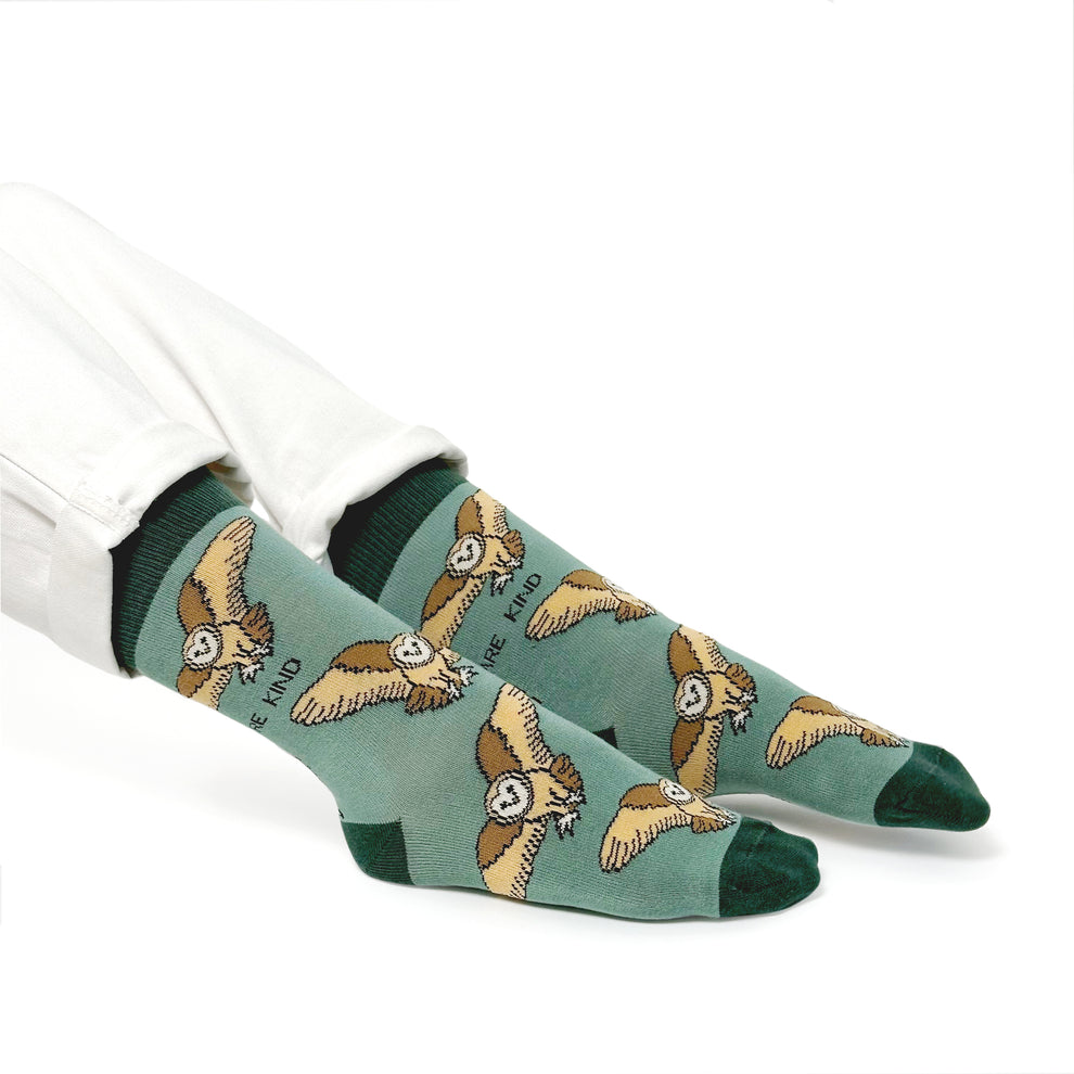Barekind Save The Barn Owls bamboo socks with owl and wings pattern, eco-friendly, breathable, and comfortable for men and women.