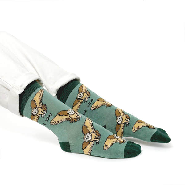 Barekind Save The Barn Owls bamboo socks with owl and wings pattern, eco-friendly, breathable, and comfortable for men and women.