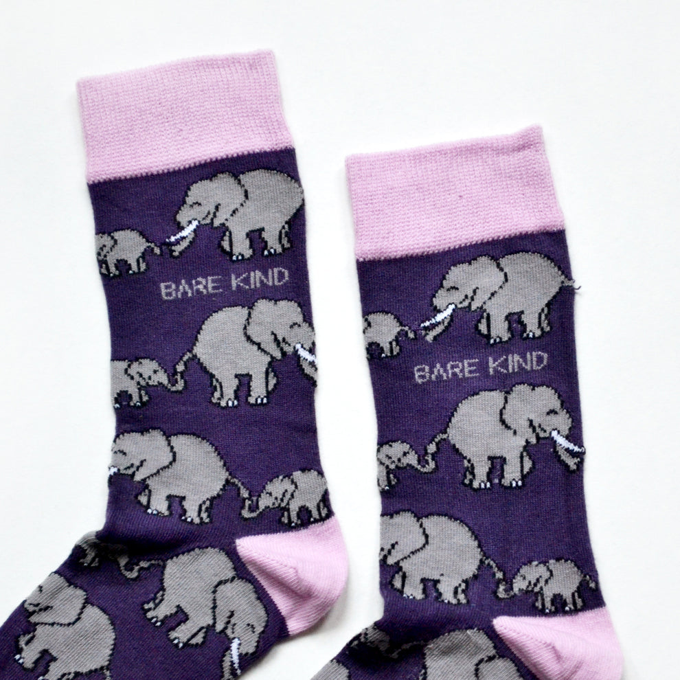 Barekind Save The Elephants purple and pink bamboo socks with elephant pattern and 