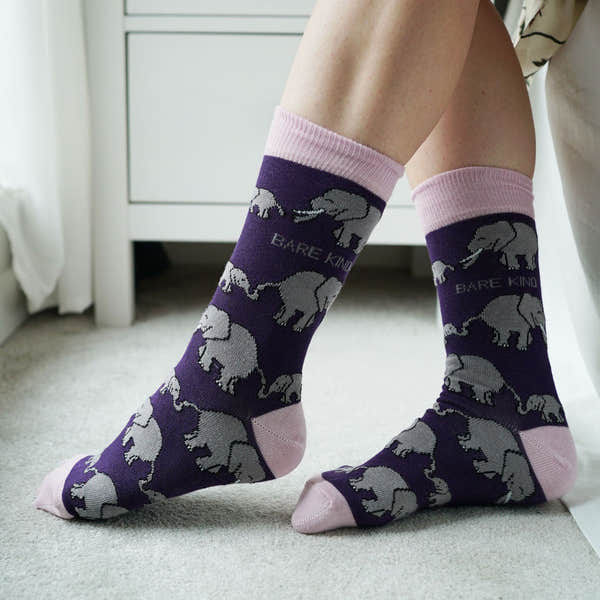Barekind Save The Elephants purple bamboo socks with grey elephant pattern and pink accents, eco-friendly and comfortable.