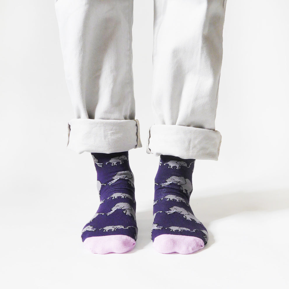 Barekind Save The Elephants bamboo socks with elephant pattern, purple and pink accents, eco-friendly design.