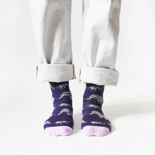 Barekind Save The Elephants bamboo socks with elephant pattern, purple and pink accents, eco-friendly design.