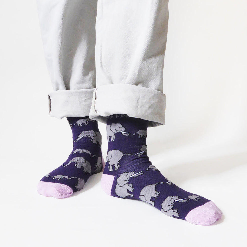 Barekind Save The Elephants bamboo socks with elephant pattern, purple color, pink toe, and calf-high design.