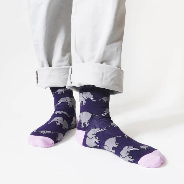 Barekind Save The Elephants bamboo socks with elephant pattern, purple color, pink toe, and calf-high design.