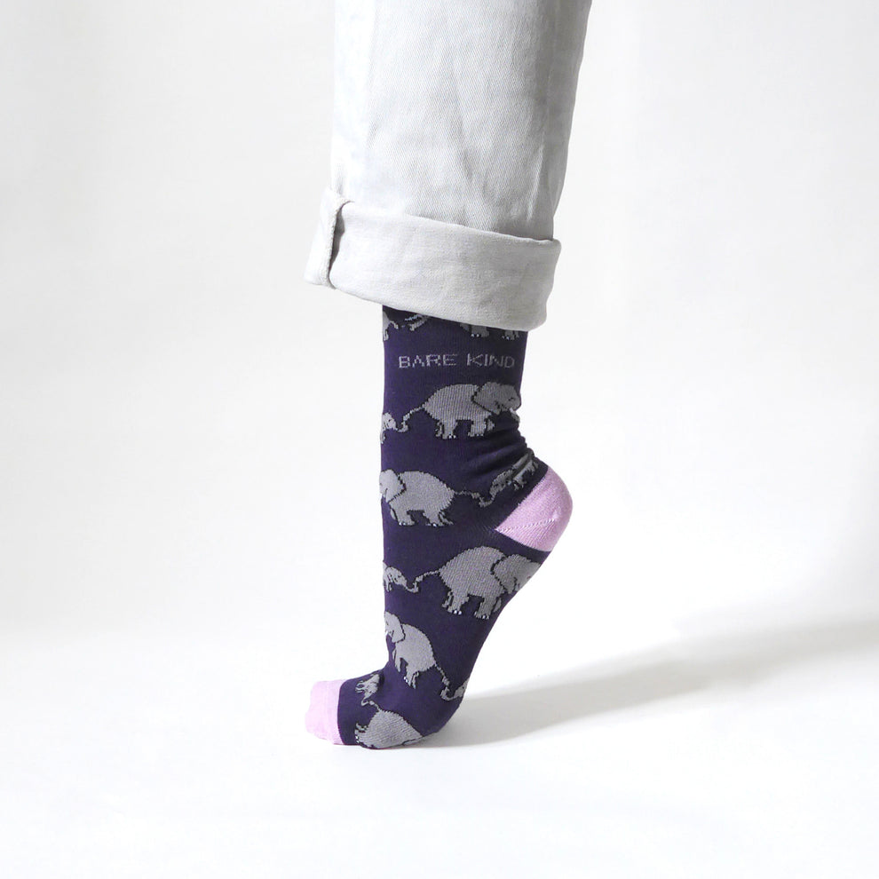 Barekind Save The Elephants bamboo sock with elephant pattern, purple color, pink toe and heel, fold-up cuff, eco-friendly material.