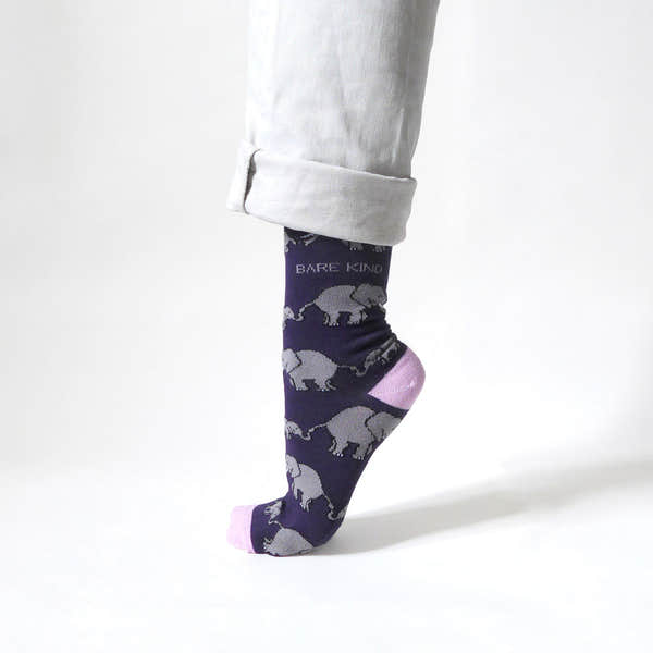 Barekind Save The Elephants bamboo sock with elephant pattern, purple color, pink toe and heel, fold-up cuff, eco-friendly material.
