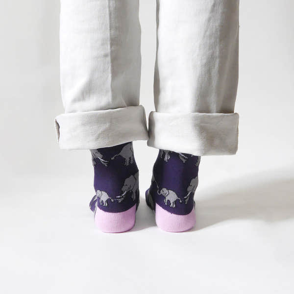 Barekind Save The Elephants bamboo socks with elephant pattern, purple and pink design, eco-friendly, comfortable footwear.