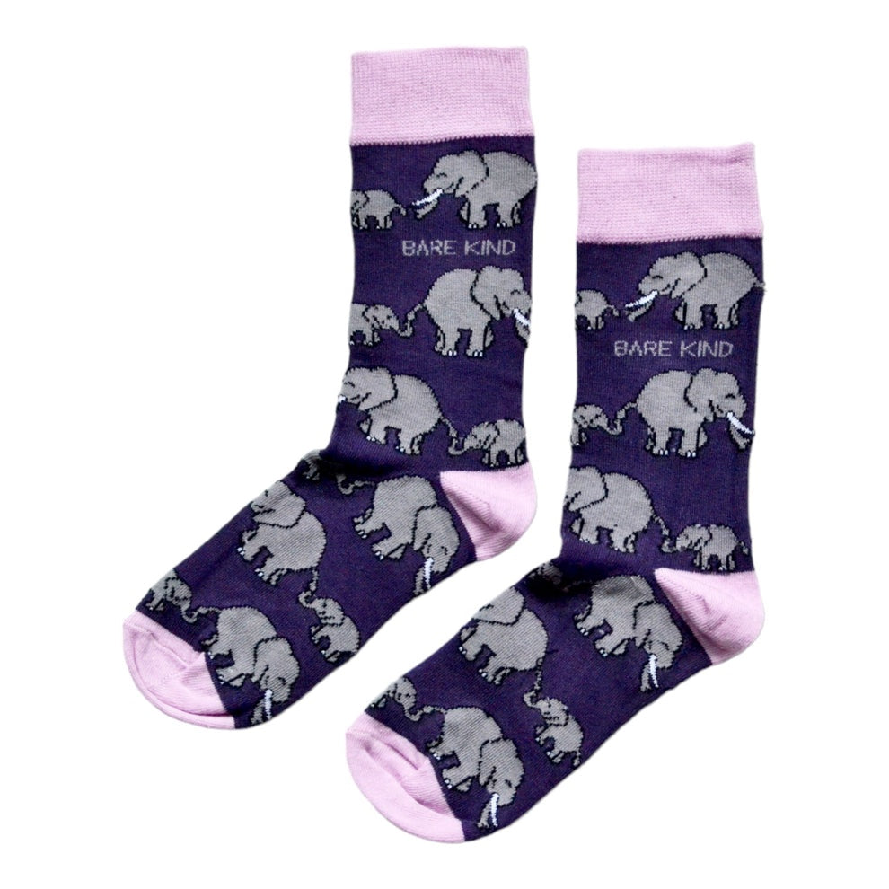 Barekind Save The Elephants bamboo socks with purple and pink elephant pattern, eco-friendly, comfortable, and bold design.