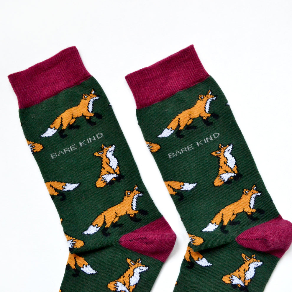 Barekind Save The Foxes bamboo socks with playful fox print and pink cuffs, eco-friendly and comfortable.