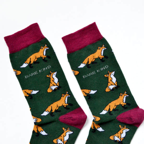 Barekind Save The Foxes bamboo socks with playful fox print and pink cuffs, eco-friendly and comfortable.