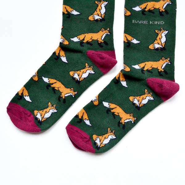 Barekind Save The Foxes green bamboo socks with fox illustration, pink toe, and ankle details for eco-friendly style.
