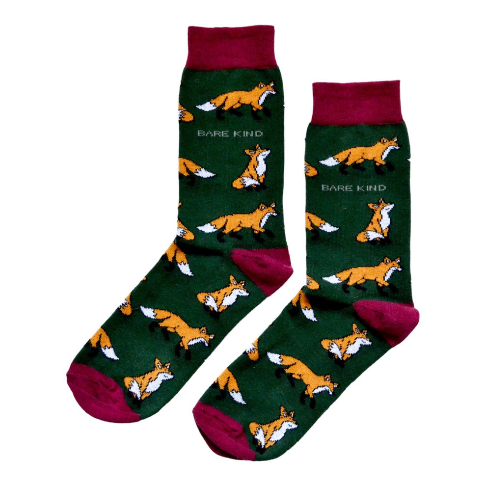 Barekind Save The Foxes green and maroon bamboo socks with fox illustrations and 