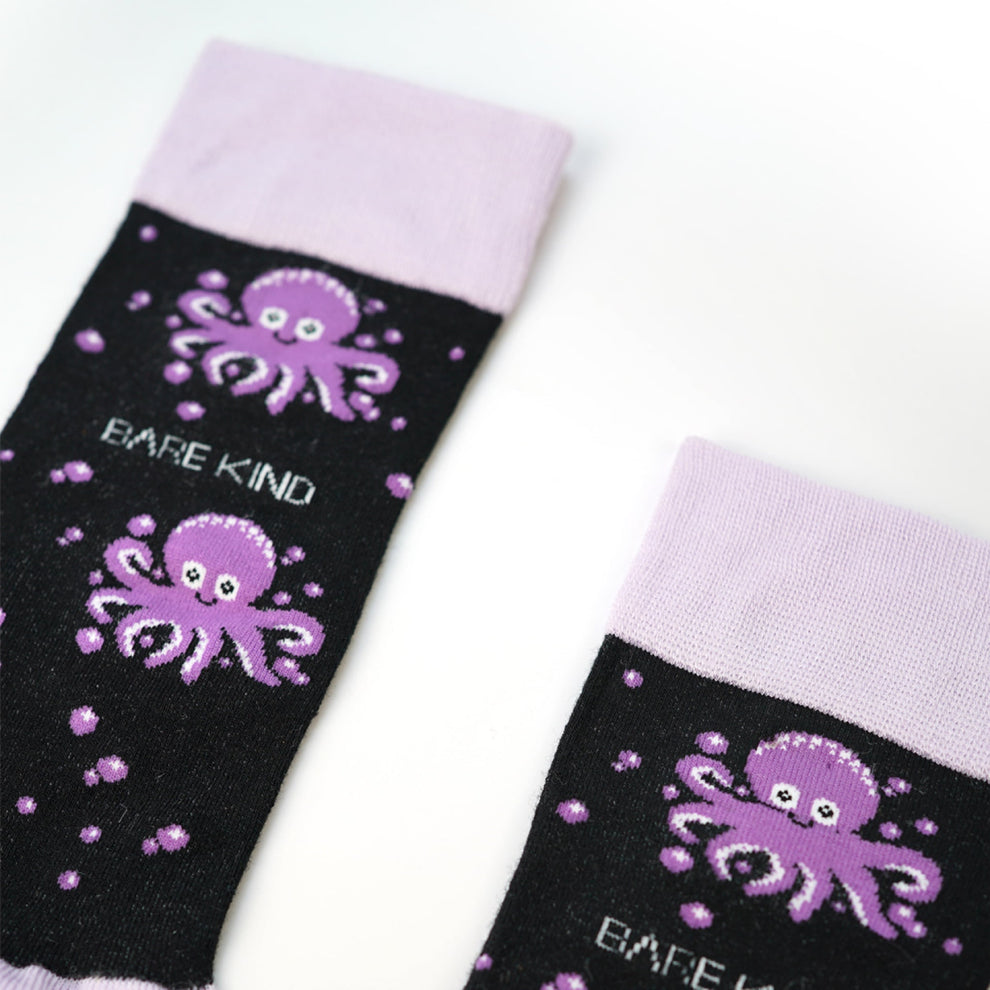 Barekind Save The Octopus Bamboo Socks with purple octopus design and pink cuffs, eco-friendly, comfortable, breathable.