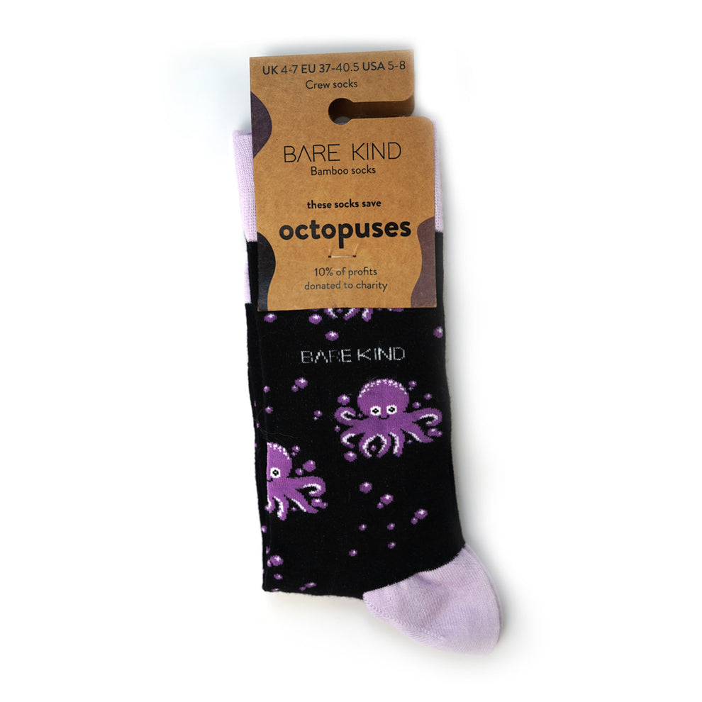 Barekind octopus bamboo crew socks with purple octopus design, black background, and pink accents, made from sustainable bamboo fiber.