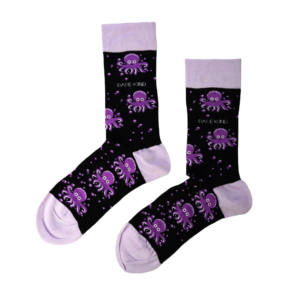 Barekind Save The Octopus Bamboo Socks with purple octopus and bubble pattern, black background, light purple cuffs and toes.