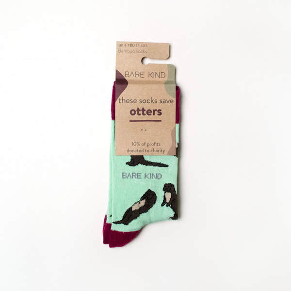 Barekind Save The Otters bamboo socks with otter illustrations, eco-friendly material, and charity donation, size UK 4-7.