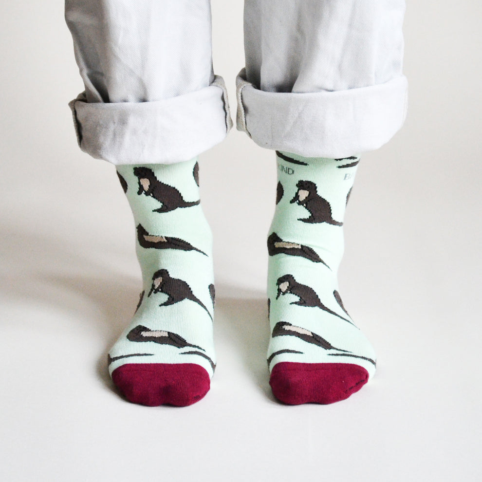 Barekind Save The Otters bamboo socks with otter pattern and red toes, eco-friendly and comfortable.
