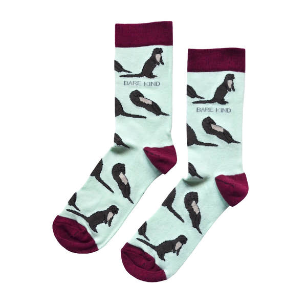 Barekind Save The Otters bamboo socks with otter and "Bare Kind" text, featuring burgundy cuffs, heels, and toes.