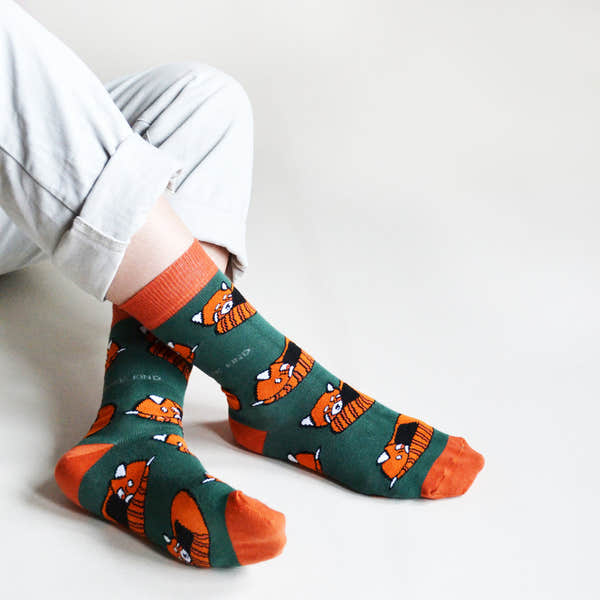 Barekind Save The Reds Pandas Bamboo Socks with orange and green panda design, reinforced toe and heel, eco-friendly material.