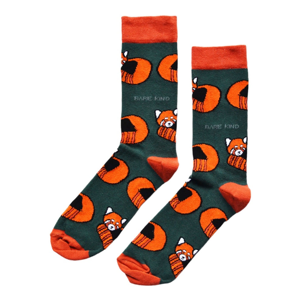Barekind Save The Reds Pandas bamboo socks with orange and black panda and tiger pattern, green background, and 