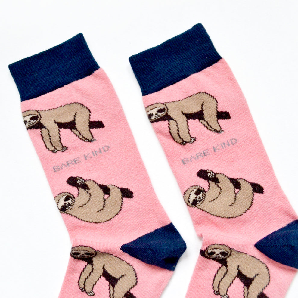 Barekind Save The Sloths bamboo socks with sloth illustrations, pink and navy colors, and 