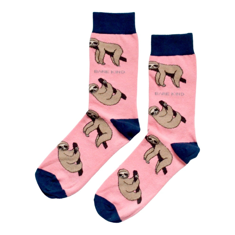 Barekind Save The Sloths pink socks with sloth illustrations, navy blue toe and heel, and 
