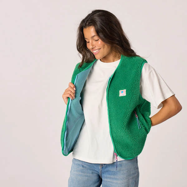 Billy Belt Ladies Sleeveless Green Sherpa Zip Jacket, cozy fleece vest with side pockets and colorful branding.