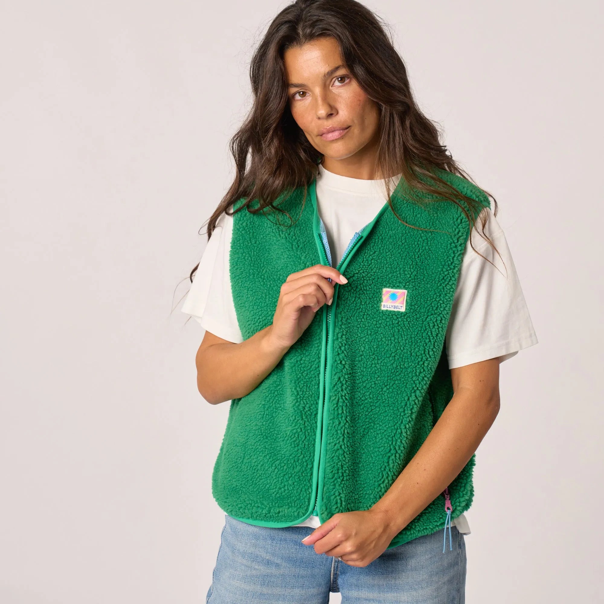 Billy Belt Ladies Sleeveless Green Sherpa Zip Jacket, casual warm vest with front zipper and logo patch.