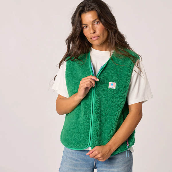 Billy Belt Ladies Sleeveless Green Sherpa Zip Jacket, casual warm vest with front zipper and logo patch.