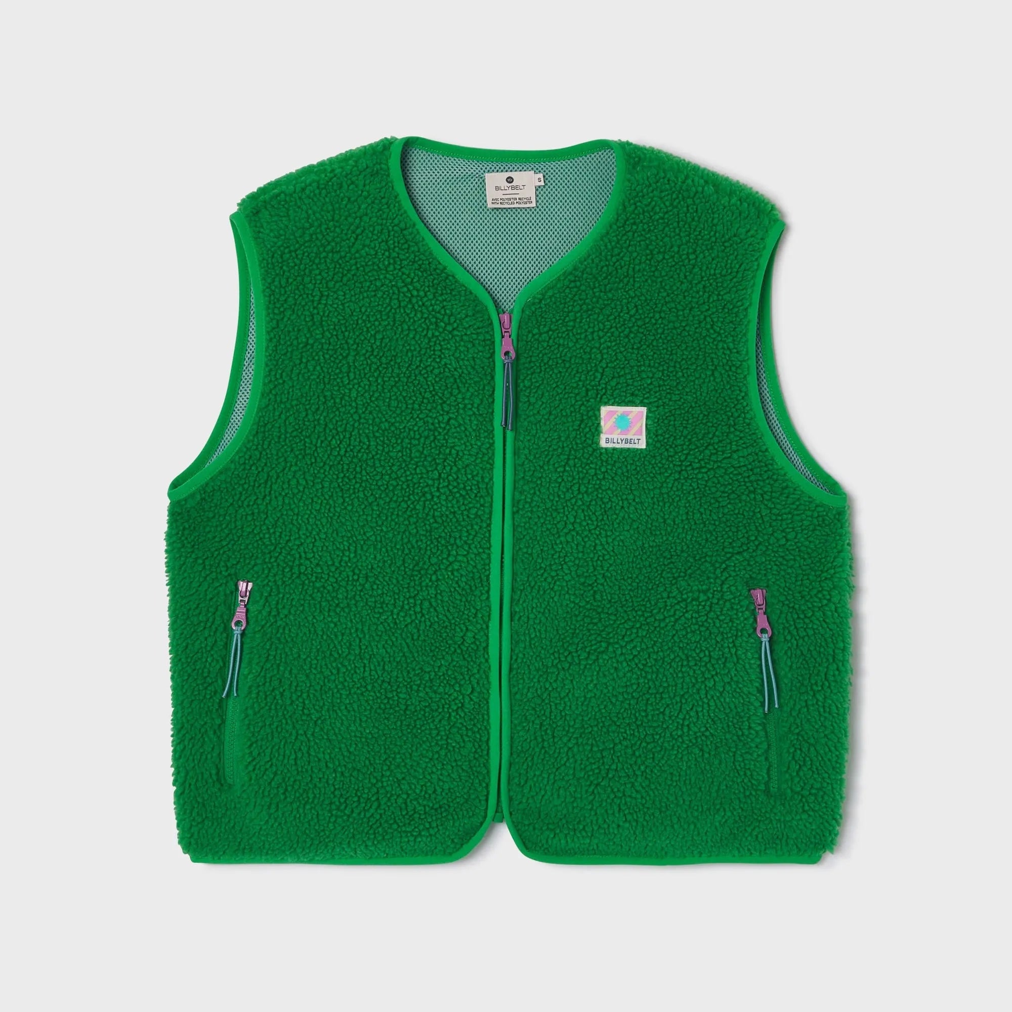 Green sleeveless Sherpa zip-up vest for women with front zip pockets and logo patch, casual stylish layered outerwear.