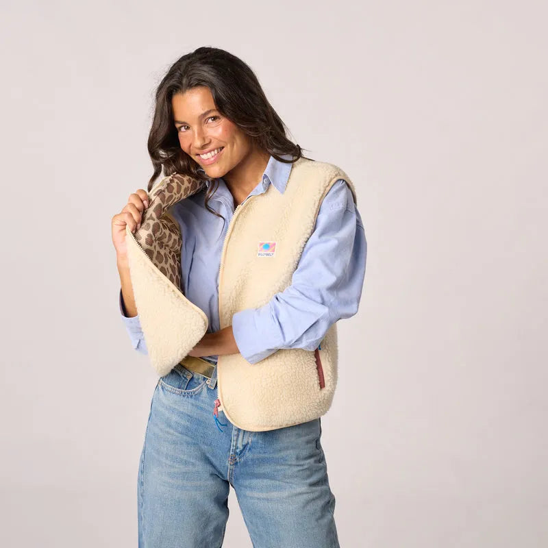 Billy Belt Ladies Sleeveless Sherpa Zip Jacket in Ivory, cozy fleece vest with leopard print lining, front zipper, and casual fit.