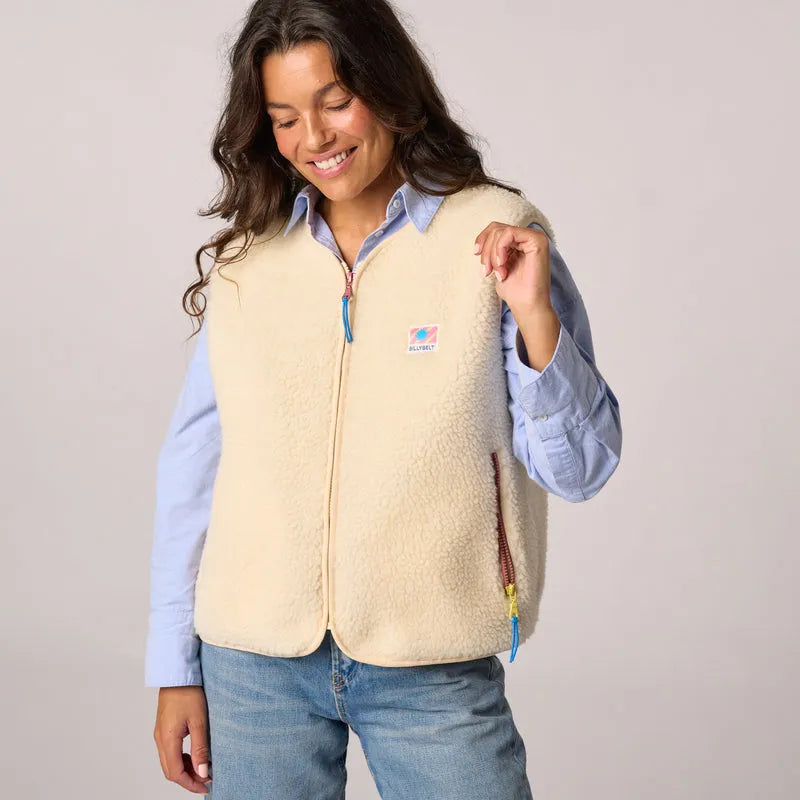 Billy Belt Ladies Sleeveless Ivory Sherpa Zip Jacket, cozy fleece vest with front zipper and logo patch, stylish and warm for women.