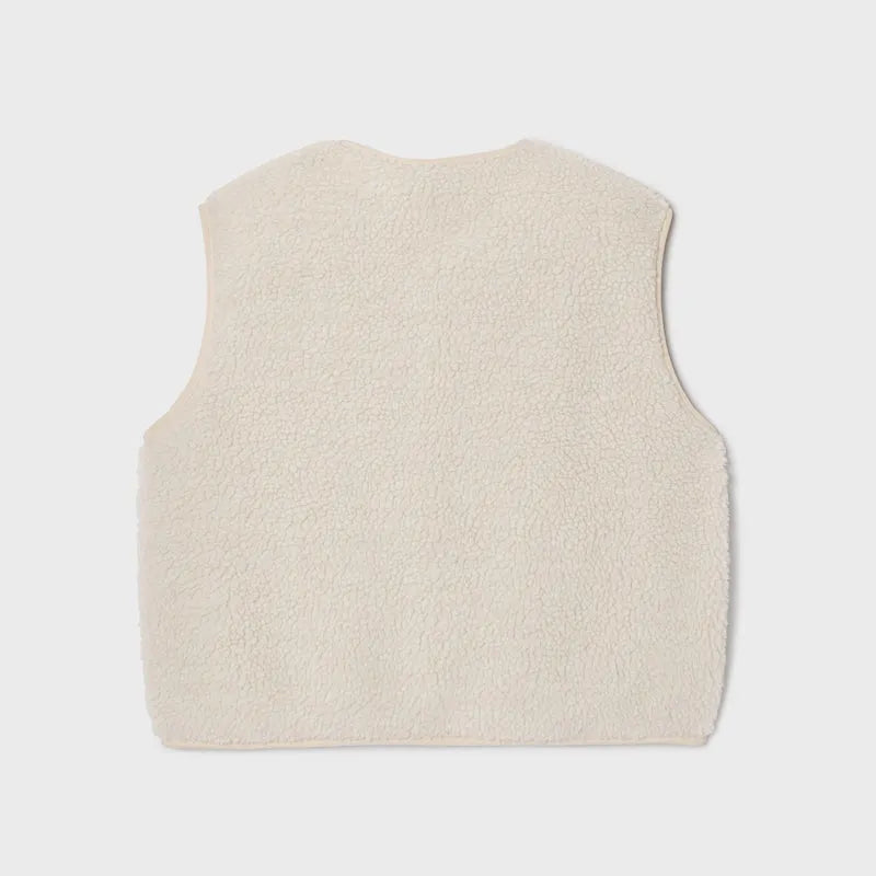 Billy Belt Ladies Sleeveless Ivory Sherpa Zip Jacket, soft fleece vest with front zip, cozy and stylish for winter.