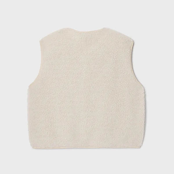 Billy Belt Ladies Sleeveless Ivory Sherpa Zip Jacket, soft fleece vest with front zip, cozy and stylish for winter.