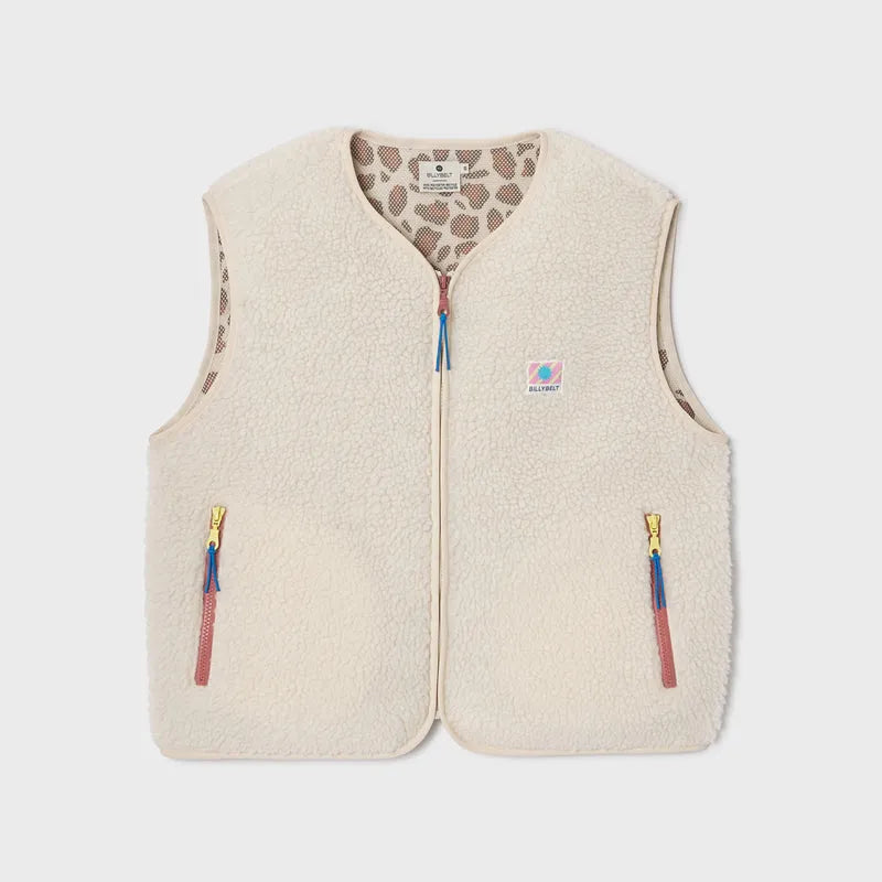 Billy Belt Ladies Sleeveless Ivory Sherpa Zip Jacket with front zipper, zippered pockets, and leopard-print lining.