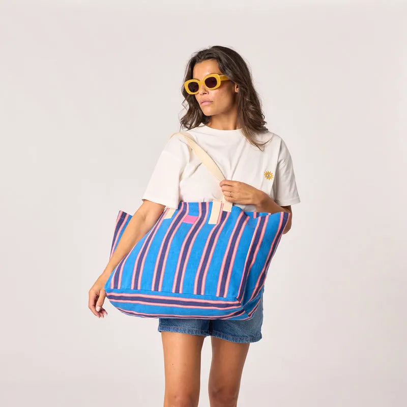 Billy Belts organic cotton shopping bag with blue and pink stripes, eco-friendly reusable tote for groceries.
