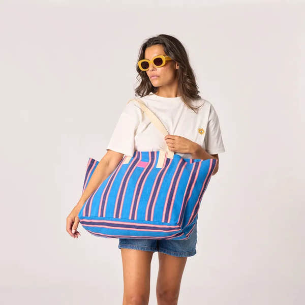 Billy Belts organic cotton shopping bag with blue and pink stripes, eco-friendly reusable tote for groceries.