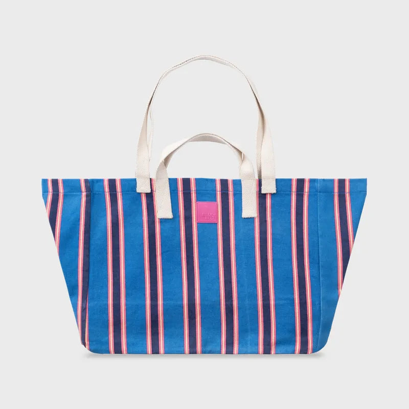 Billy Belts organic cotton shopping bag with blue and pink striped pattern and beige handles. Eco-friendly, reusable, and stylish.