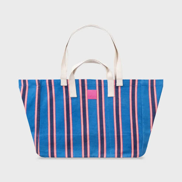 Billy Belts organic cotton shopping bag with blue and pink striped pattern and beige handles. Eco-friendly, reusable, and stylish.