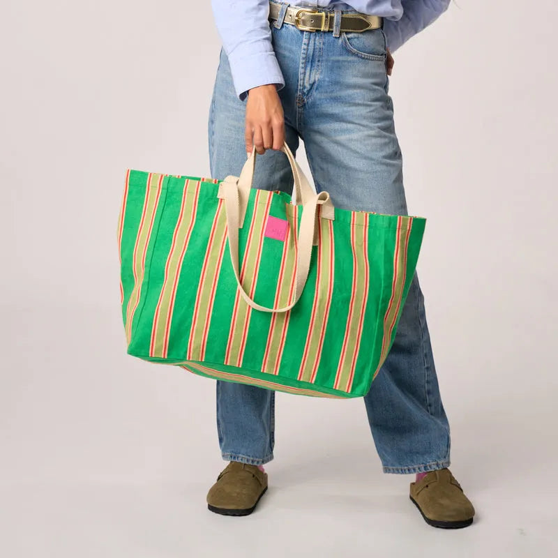 Billy Belts 100% Organic Cotton Shopping Bag with green and red stripe pattern, durable handles, eco-friendly design.