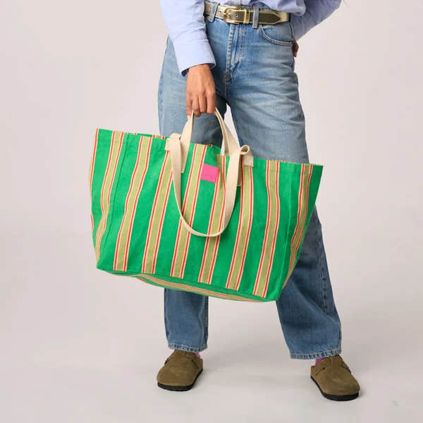 Billy Belts 100% Organic Cotton Shopping Bag with green and red stripe pattern, durable handles, eco-friendly design.