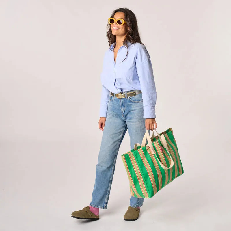 Billy Belts 100% organic cotton shopping bag with green stripes, eco-friendly reusable design, lightweight and spacious for groceries.